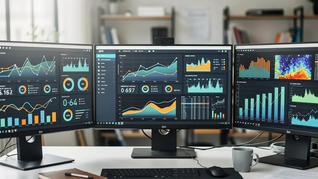 Espace de travail data analyst avec tableaux de bord SEO sur écrans multiples